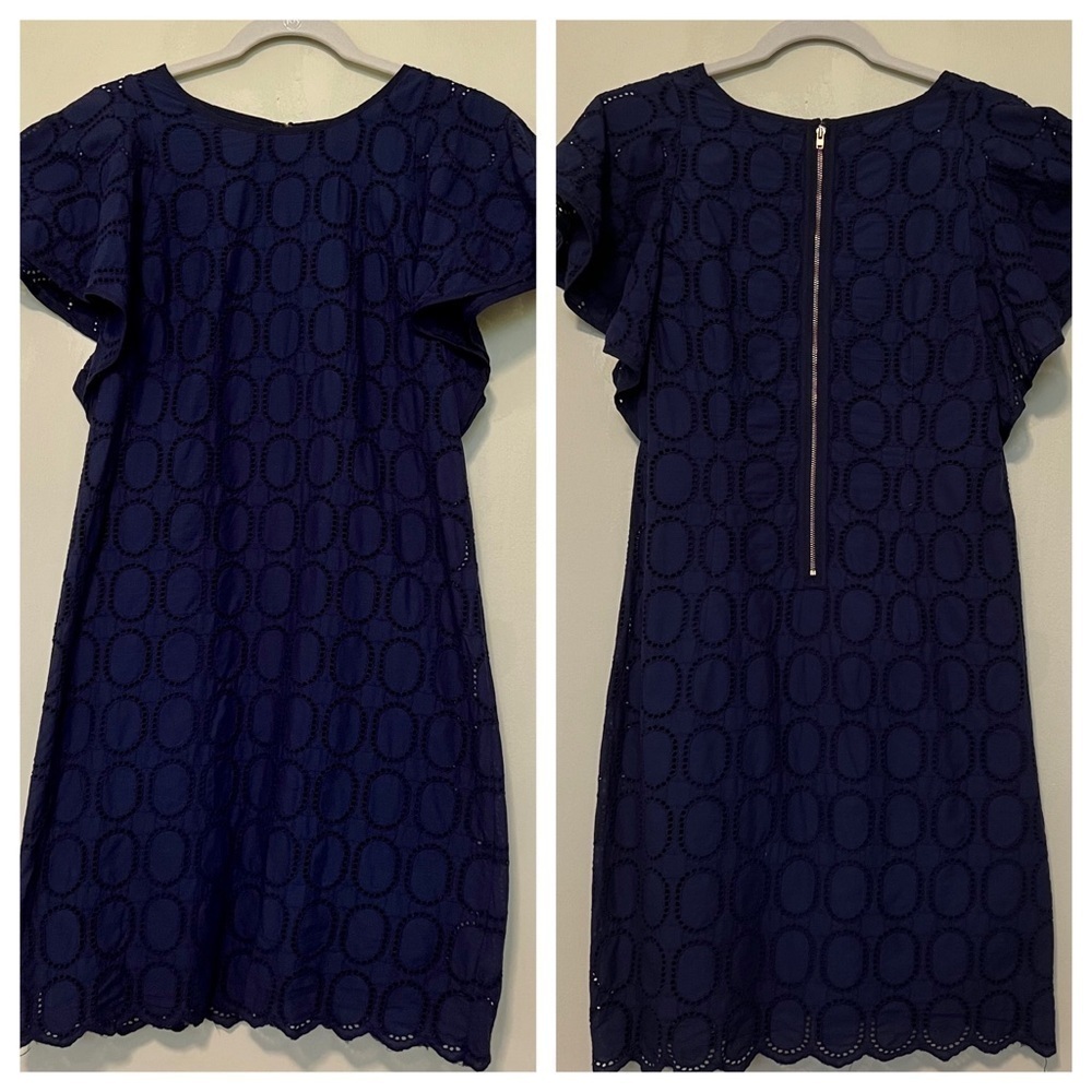 J. Crew Factory Scalloped Eyelet Navy Blue Shift Dress With Flutter Sleeve Sz 2